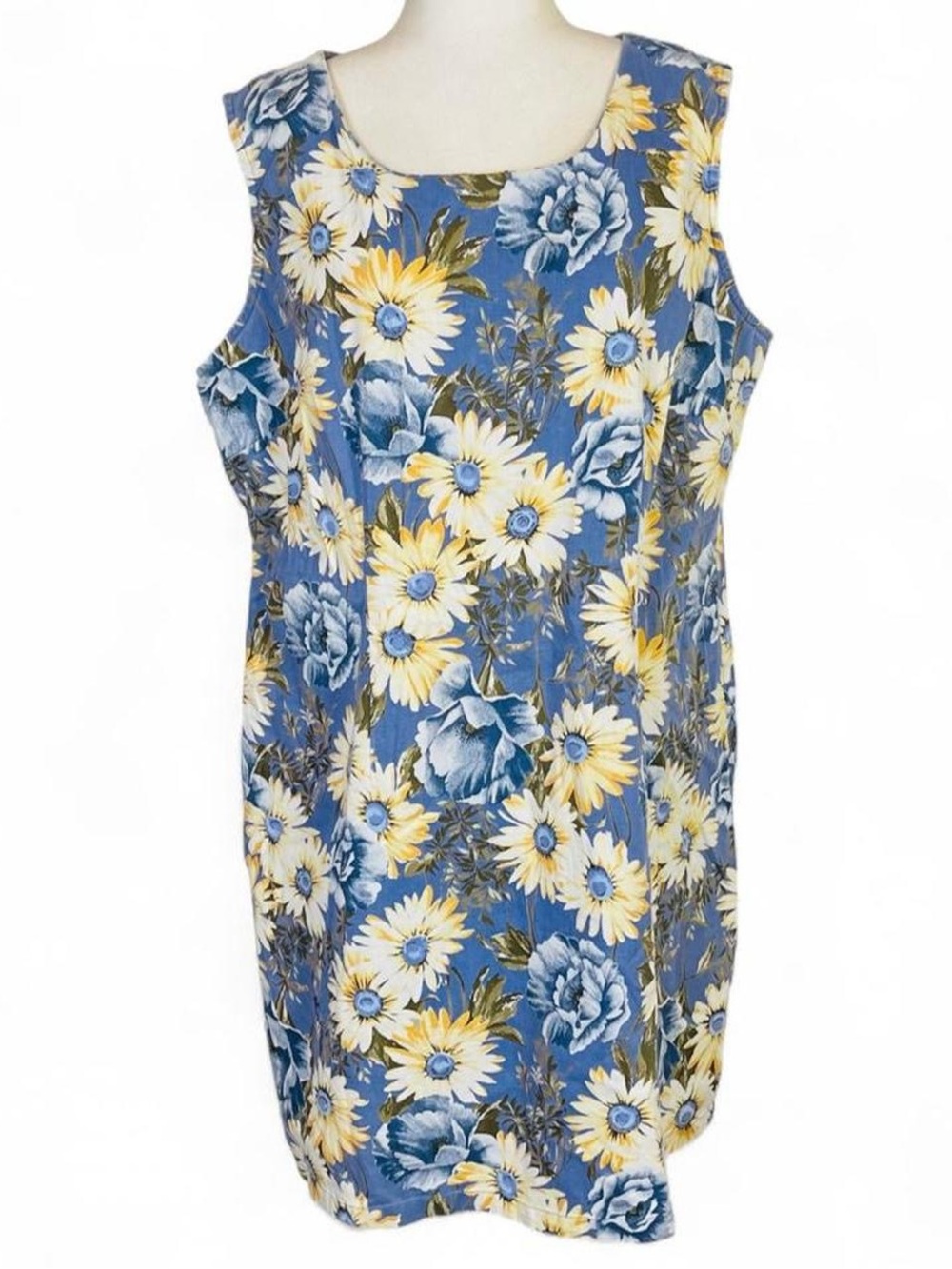 Vintage Y2K Faded Glory Size 18 Shift Dress Floral Yellow Blue Short Sleeveless